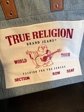 True Religion Large Light Blue Denim Tote with Red Logo Patch